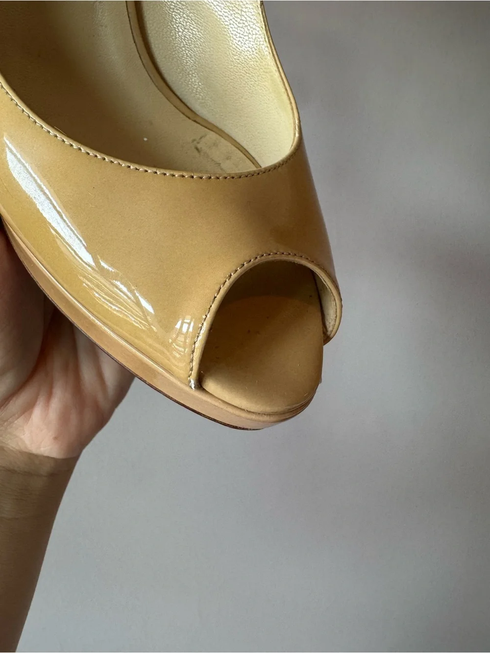 Jimmy Choo Women’s Nude‎ Patent Leather Peep Toe Slingback Heels Pumps Size 37.5